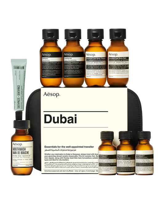 Aesop Dubai travel kit with nine travel-sized essentials with the pouch