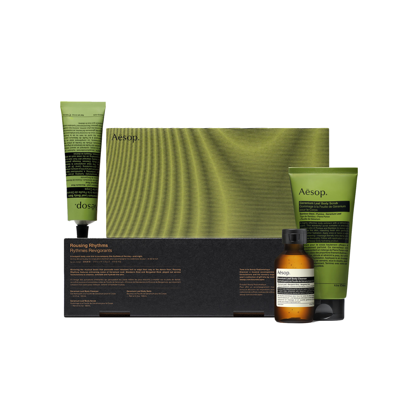 Aesop Rousing Rhythm Kit containing Geranium Leaf Body Cleanser, Body Scrub and Body Balm