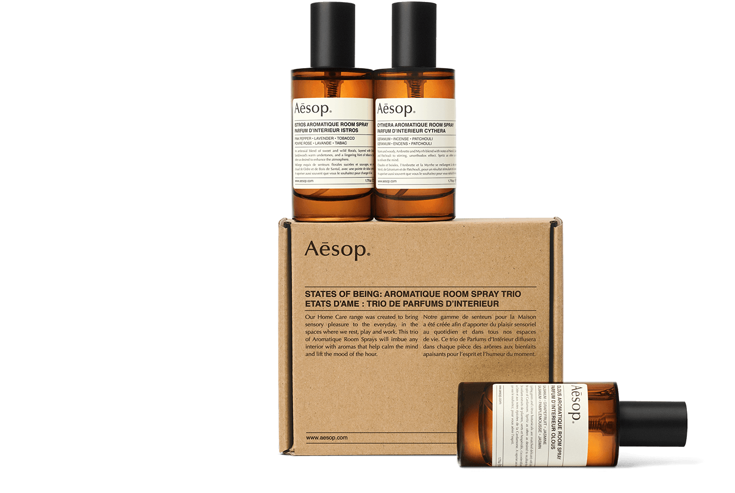 Three 50ml bottles of Aesop States of Being Aromatique Room Spray with box