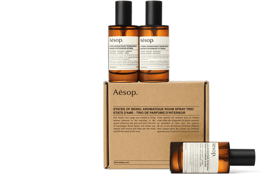 Three 50ml bottles of Aesop States of Being Aromatique Room Spray with box