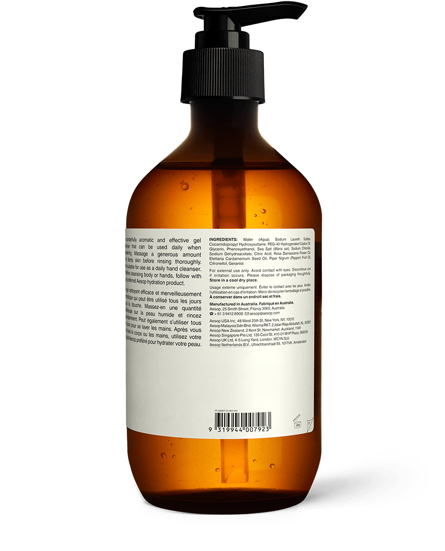 Back of the 500ml bottle of Aesop A Rose By Any Other Name Body Cleanser displaying ingredients and manufacturing information