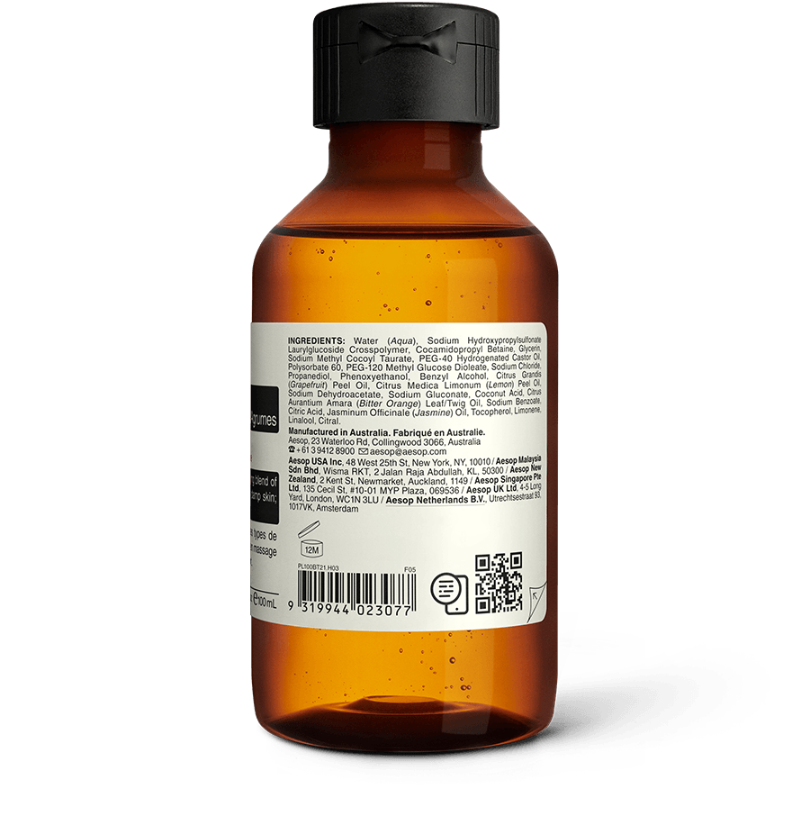 Back of the 100ml bottle of Aesop Citrus Melange Body Cleanser displaying ingredients and manufacturing information