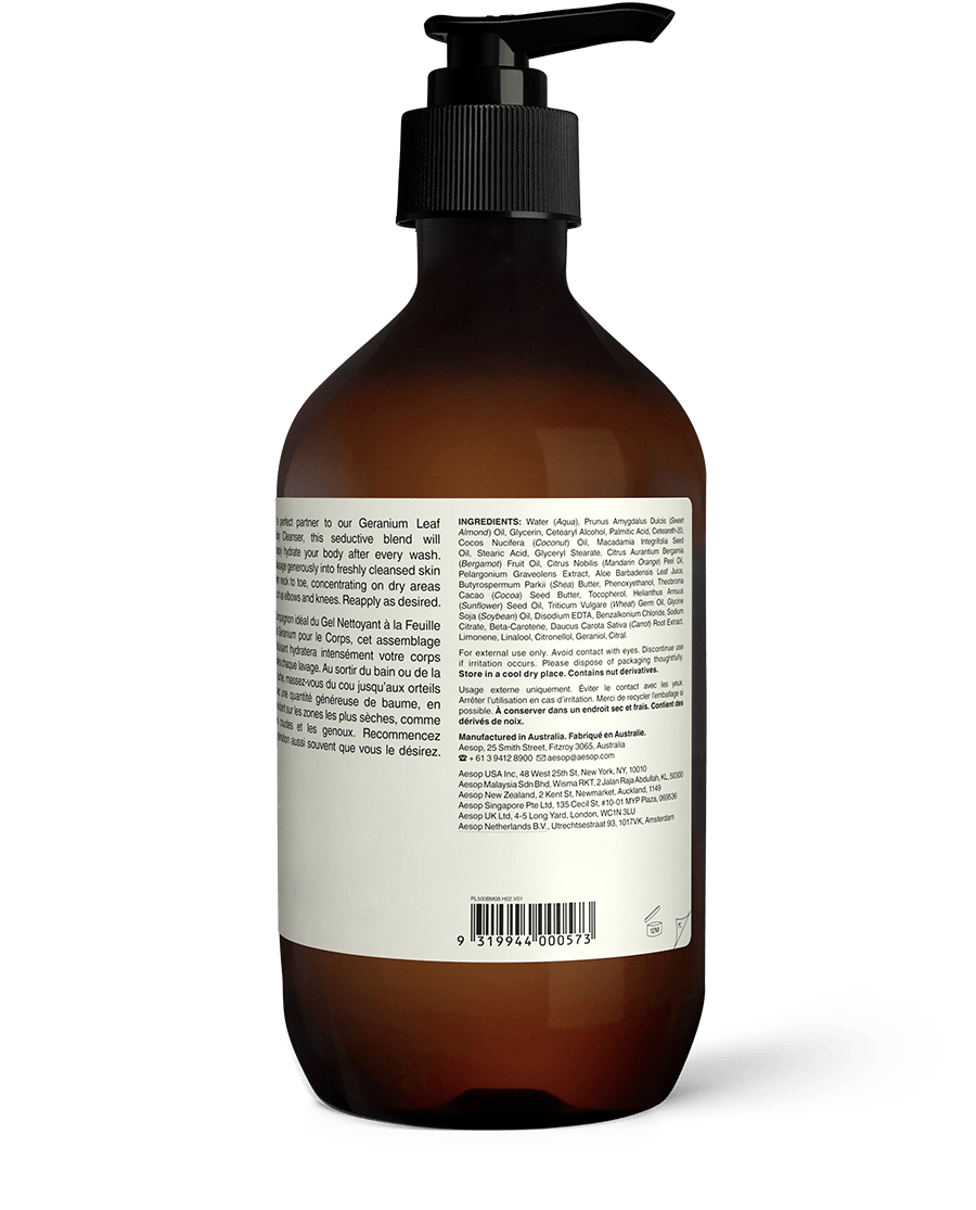 Back of the 500ml bottle of Aesop Geranium Leaf Body Balm displaying ingredients and manufacturing information