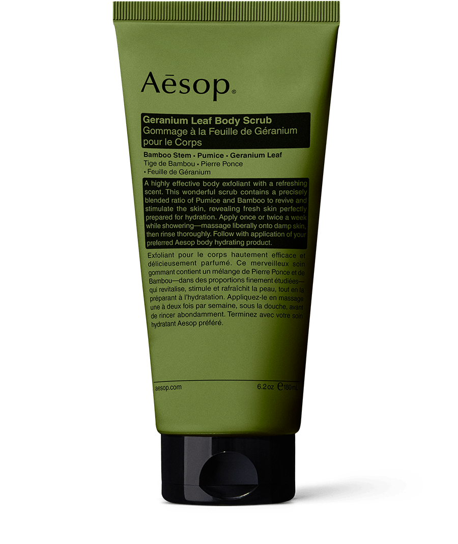 180ml tube of Aesop Geranium Leaf Body Scrub