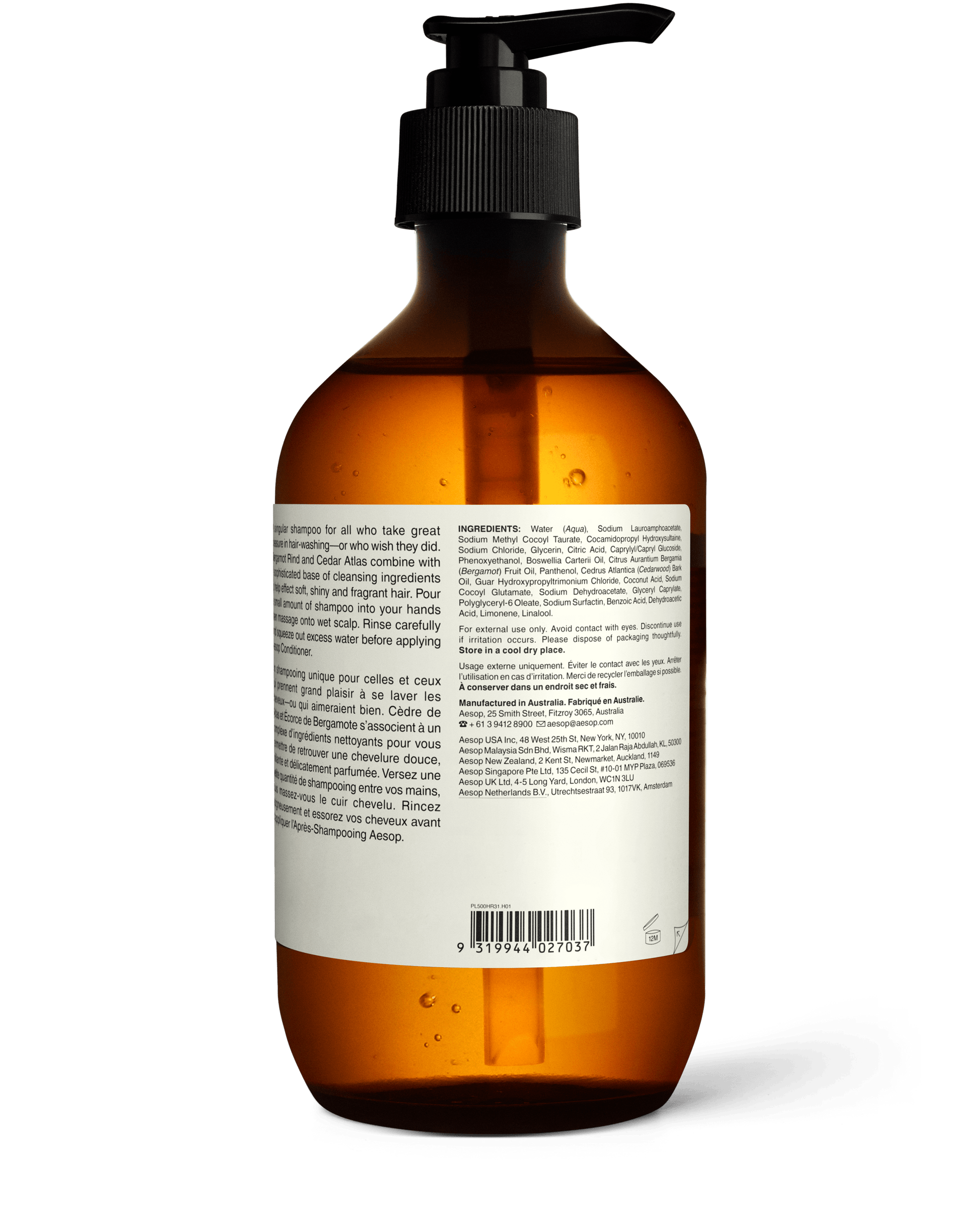 Back of the 500ml bottle of Aesop Shampoo displaying ingredients and manufacturing information