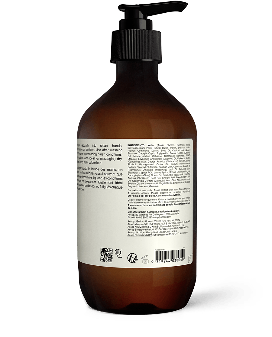 Back of the 500ml bottle of Aesop Eleos Aromatique Hand Balm displaying ingredients and manufacturing information