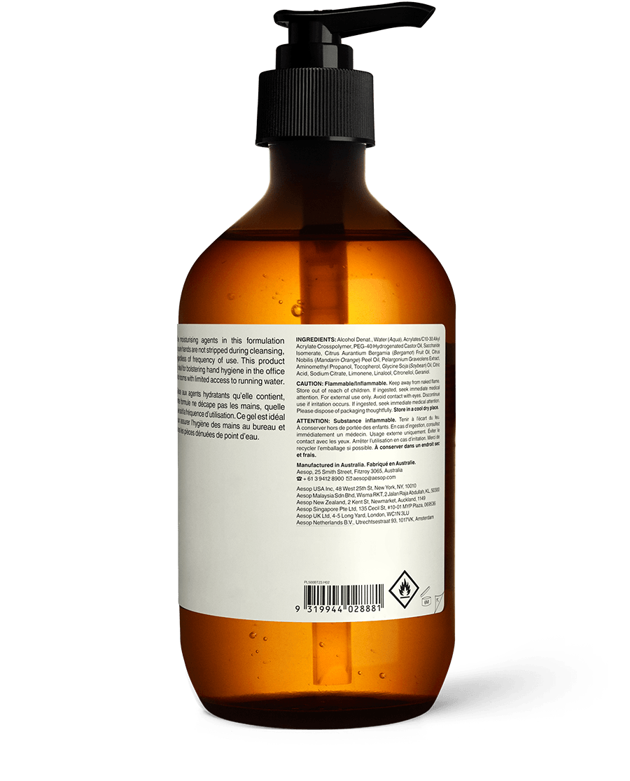 Back of the 500ml bottle of Aesop Geranium Leaf Rinse-Free Hand Wash displaying ingredients and manufacturing information