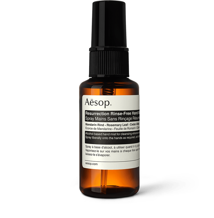 50ml spray bottle of Aesop Resurrection Rinse Free Hand Mist