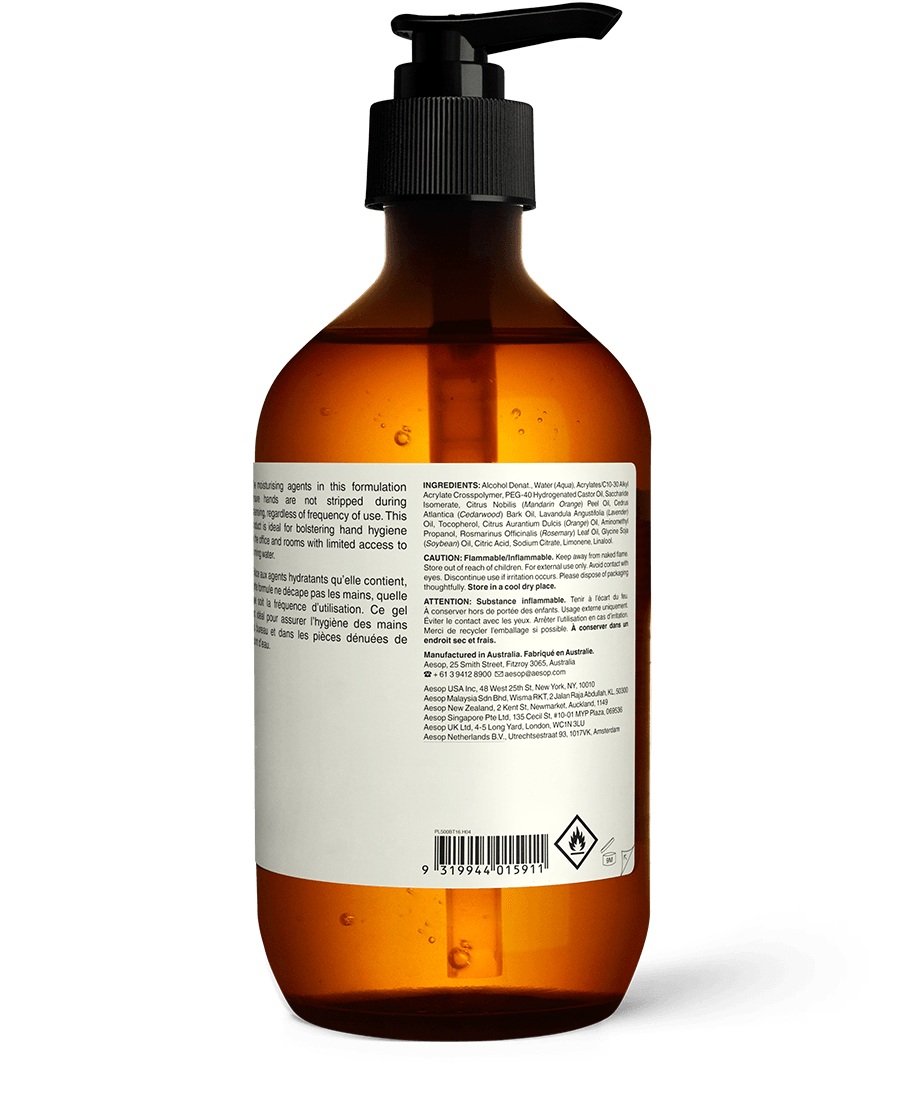 Back of the 500ml bottle of Aesop Resurrection Rinse Free Hand Wash displaying ingredients and manufacturing information