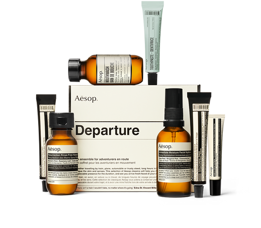Aesop Departure travel kit with seven travel-sized essentials with the box