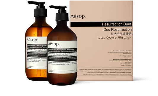 Two 500ml bottles of Aesop Resurrection Aromatique Hand Balm & Wash duet with their box