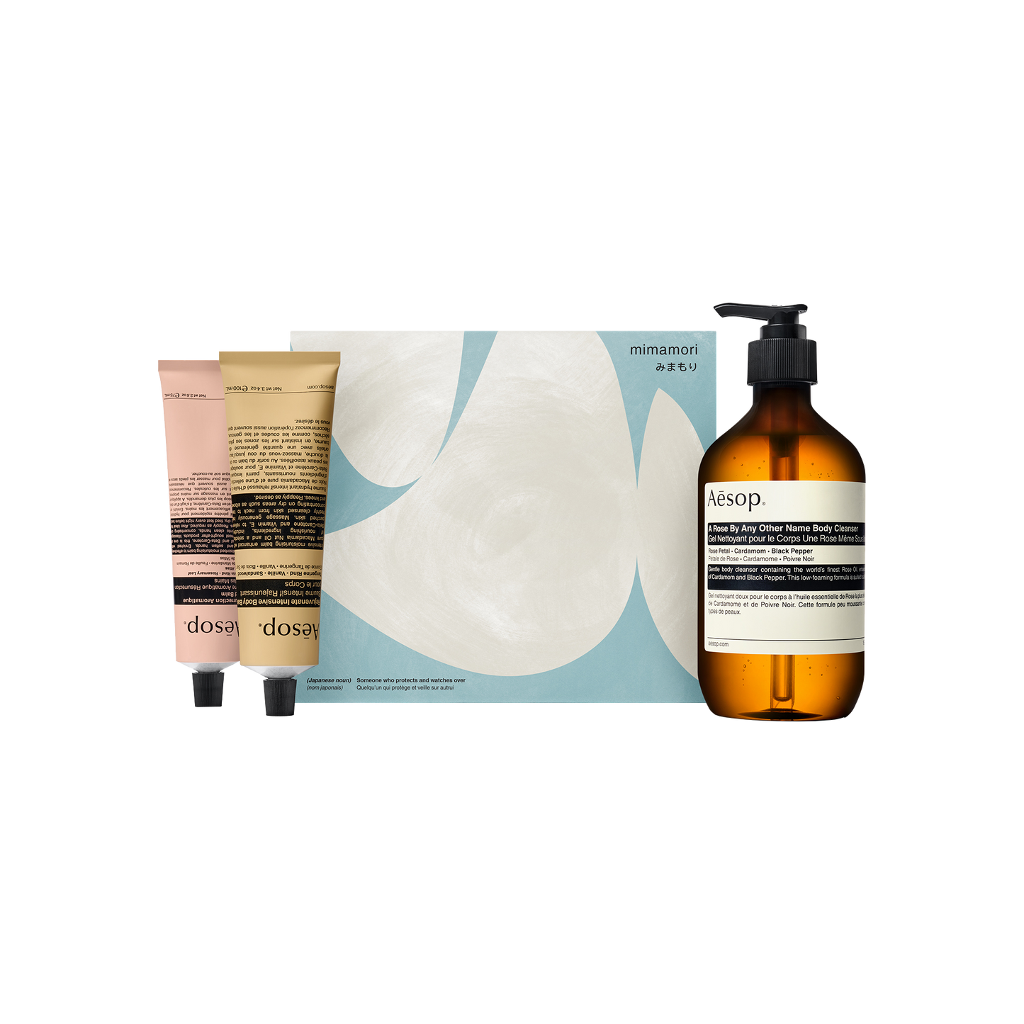Aesop A Rose By Any Other Name Body Cleanser, Rejuvenate Intensive Body Balm & Resurrection Aromatique Hand Balm placed by the Mimamori box