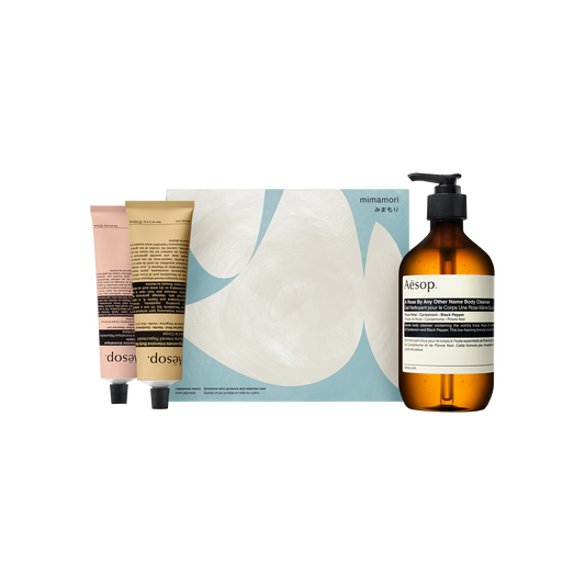 Aesop A Rose By Any Other Name Body Cleanser, Rejuvenate Intensive Body Balm & Resurrection Aromatique Hand Balm placed by the Mimamori box