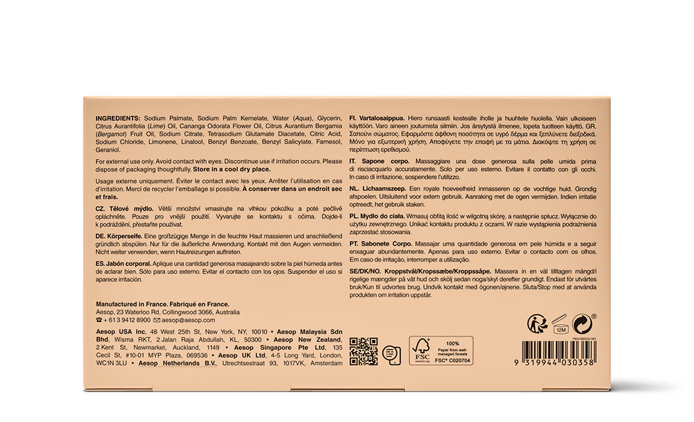 Back of the 310g box of Aesop Refresh Body Cleansing Slab displaying ingredients and manufacturing information