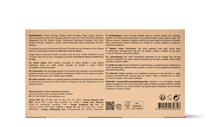 Back of the 310g box of Aesop Refresh Body Cleansing Slab displaying ingredients and manufacturing information