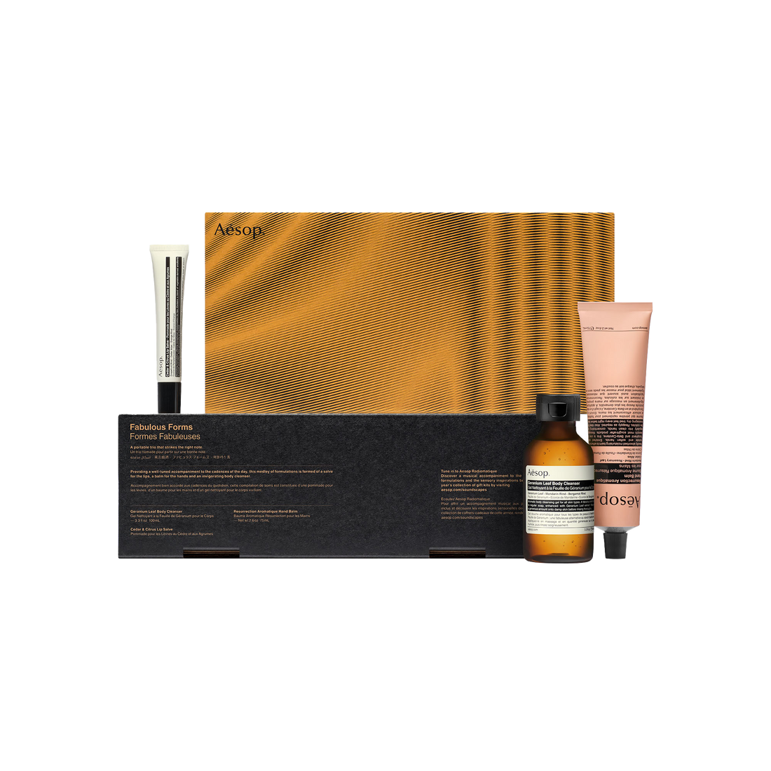 Aesop Fabulous Forms travel kit Resurrection Aromatique hand balm, Geranium leaf body cleanser, Cedar & Citrus lip salve