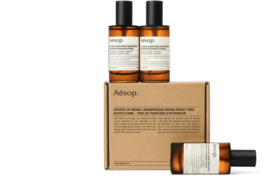 Three 50ml bottles of Aesop States of Being Aromatique Room Spray with box