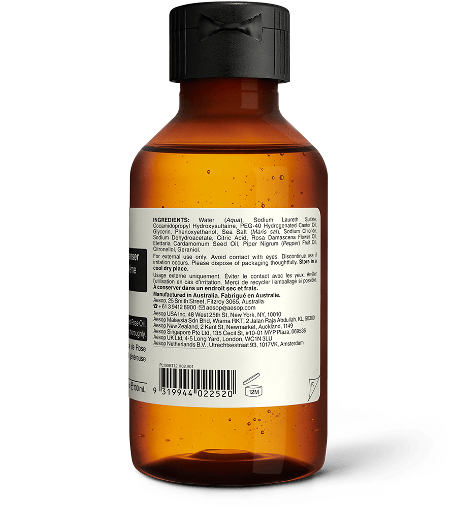 Back of the 100ml bottle of Aesop A Rose By Any Other Name Body Cleanser displaying ingredients and manufacturing information