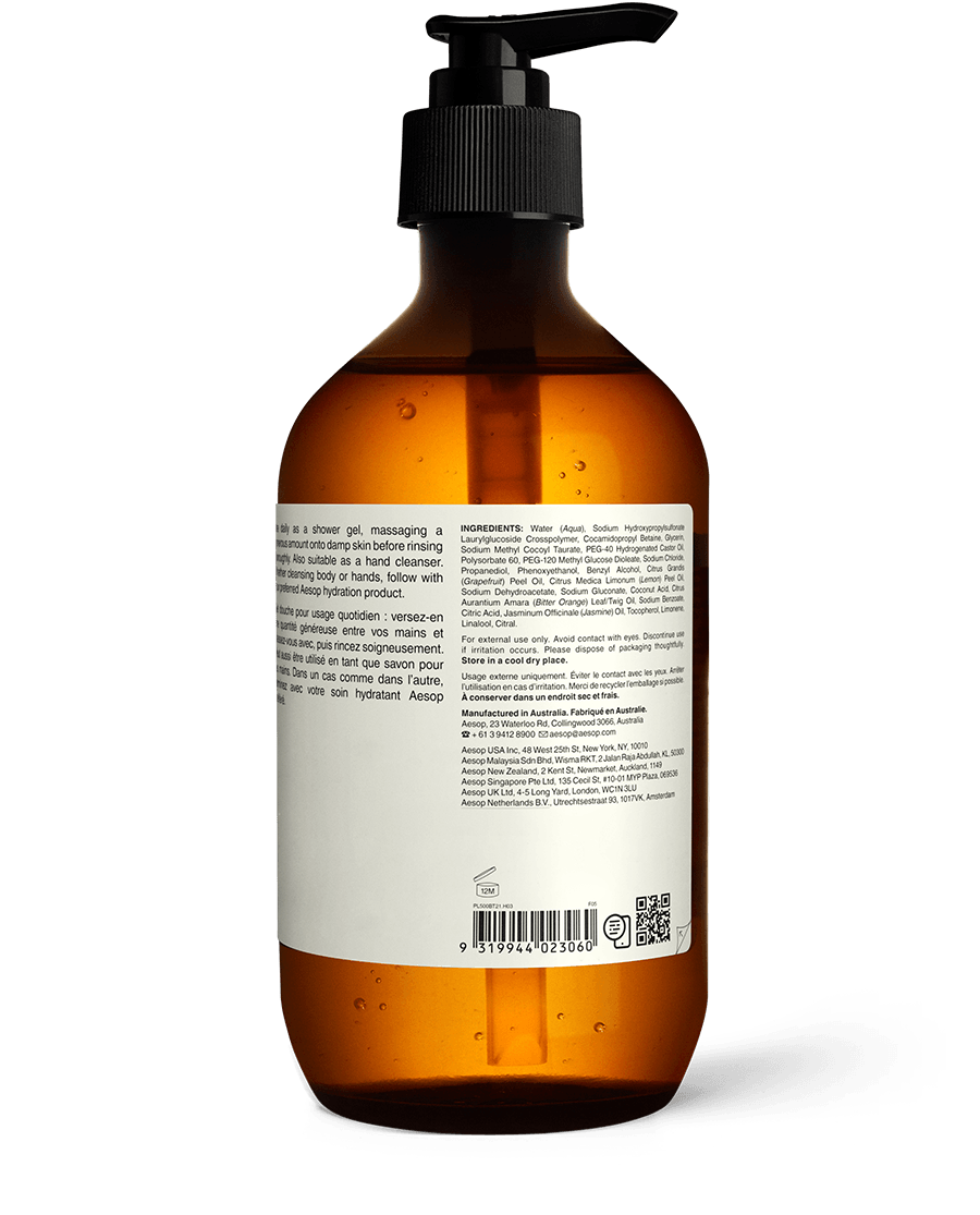 Back of the 500ml bottle of Aesop Citrus Melange Body Cleanser displaying ingredients and manufacturing information
