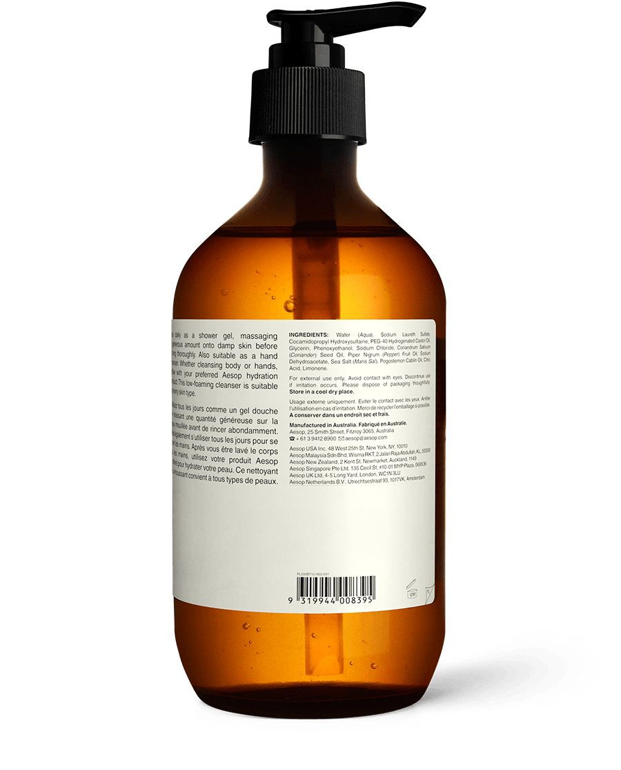 Back of the 500ml bottle of Aesop Coriander Seed Body Cleanser displaying ingredients and manufacturing information