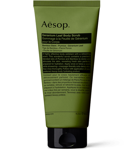 180ml tube of Aesop Geranium Leaf Body Scrub