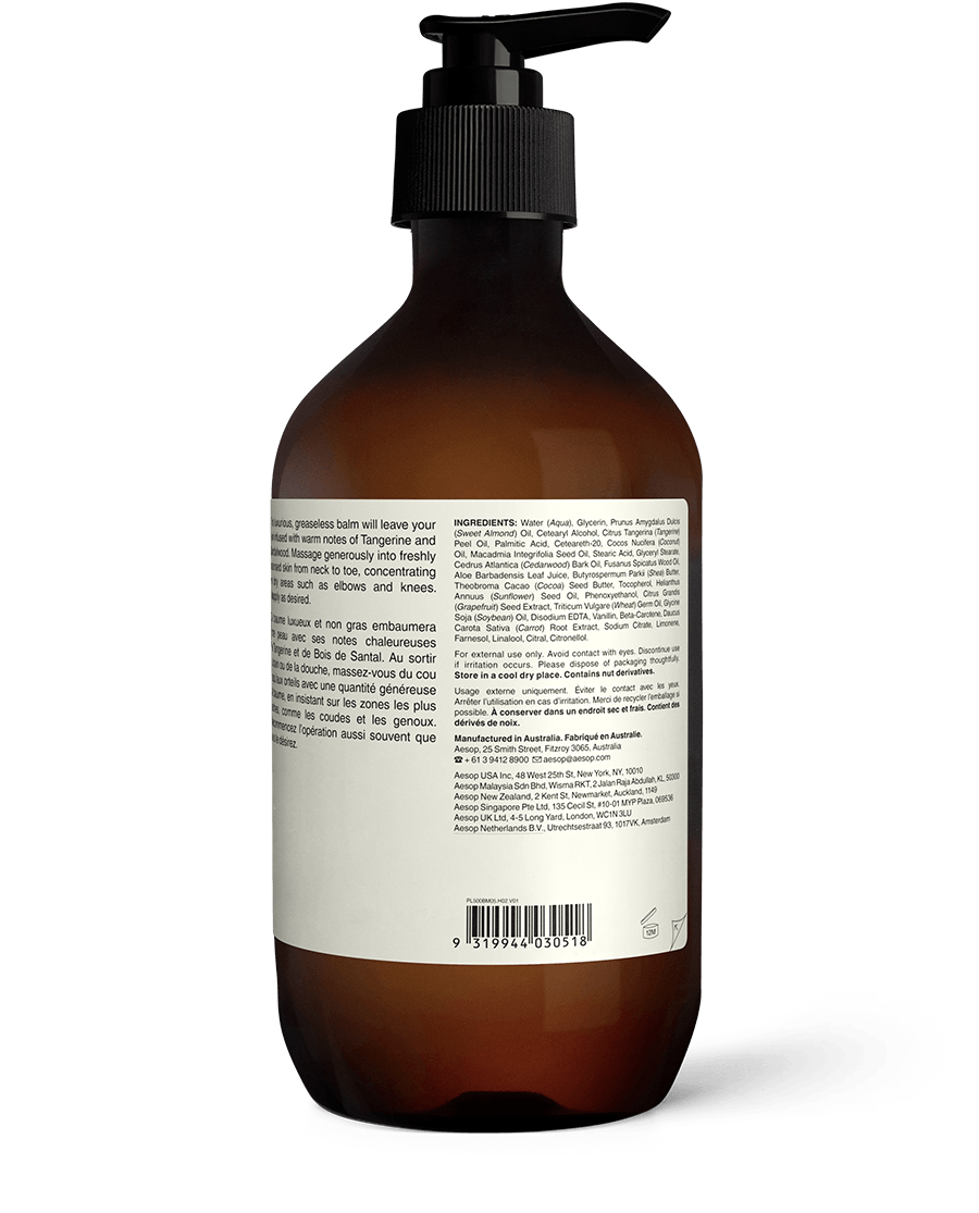 Back of the 500ml bottle of Aesop Rejuvenate Intensive Body Balm displaying ingredients and manufacturing information
