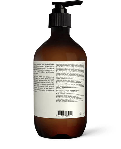 Back of the 500ml bottle of Aesop Rejuvenate Intensive Body Balm displaying ingredients and manufacturing information
