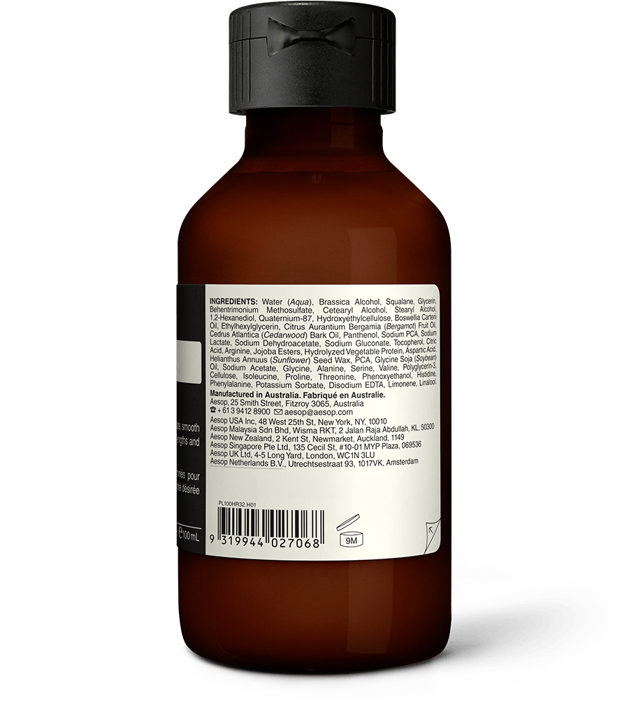 Back of the 100ml bottle of Aesop Conditioner displaying ingredients and manufacturing information