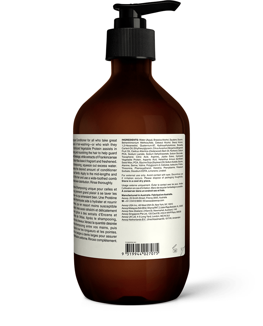 Back of the 500ml bottle of Aesop Conditioner displaying ingredients and manufacturing information