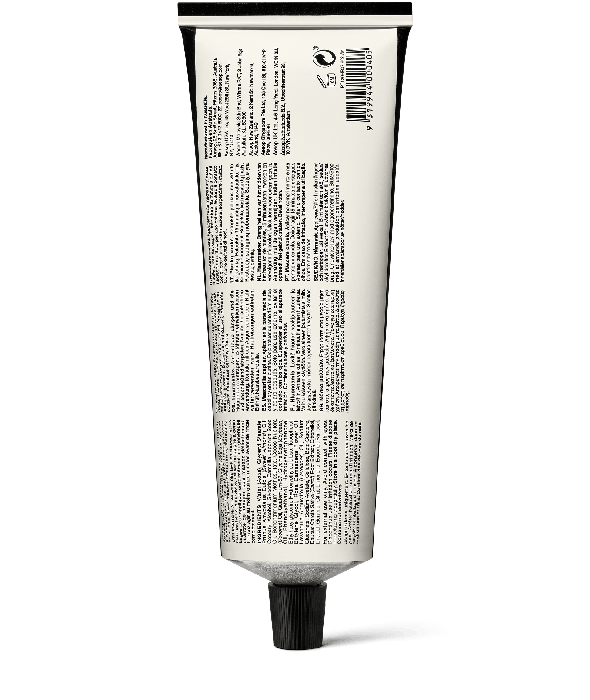 Back of the 120ml tube of Aesop Rose Hair & Scalp Moisturizing Masque displaying ingredients and manufacturing information