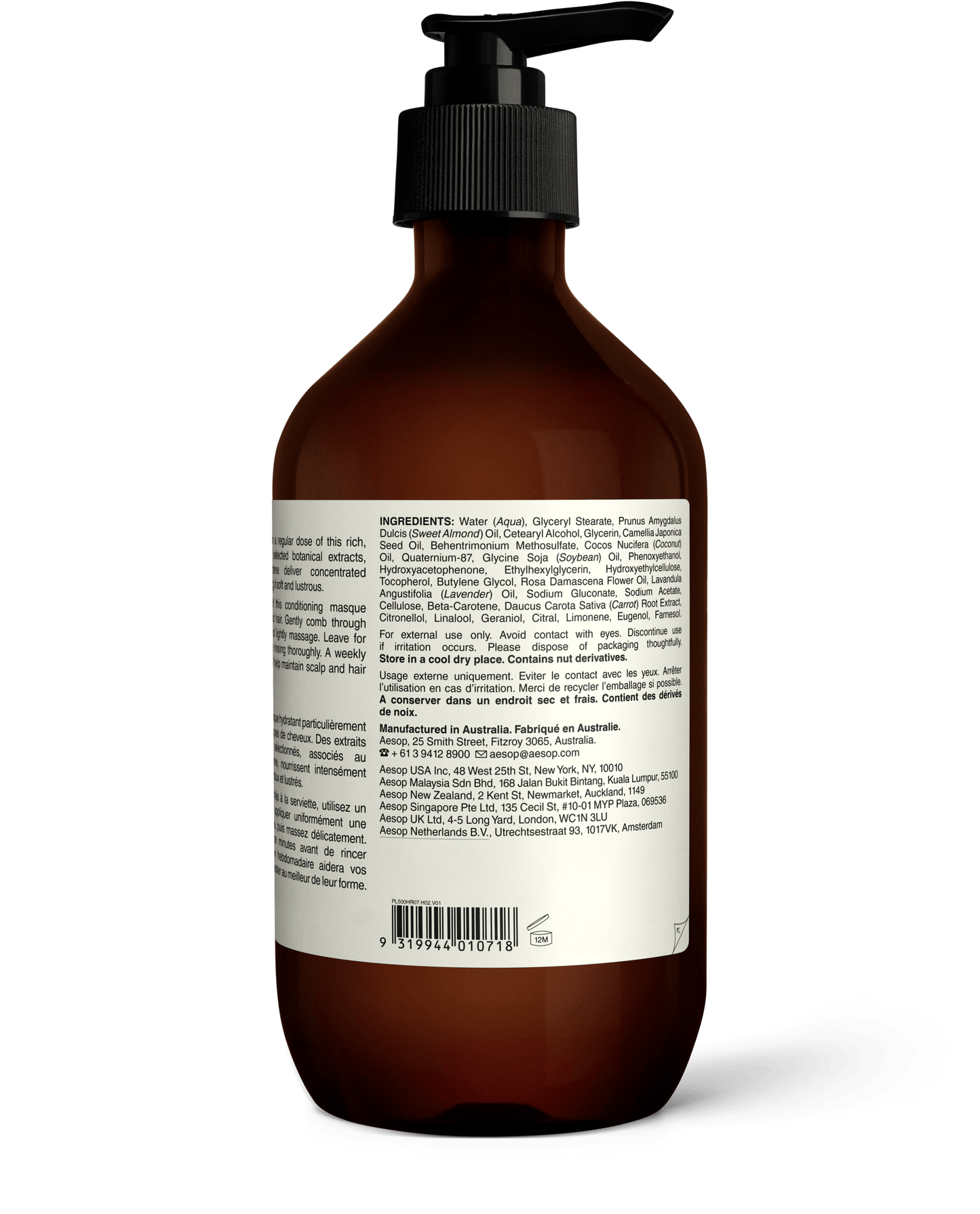 Back of the 500ml Aesop Rose Hair & Scalp Moisturizing Masque displaying ingredients and manufacturing information
