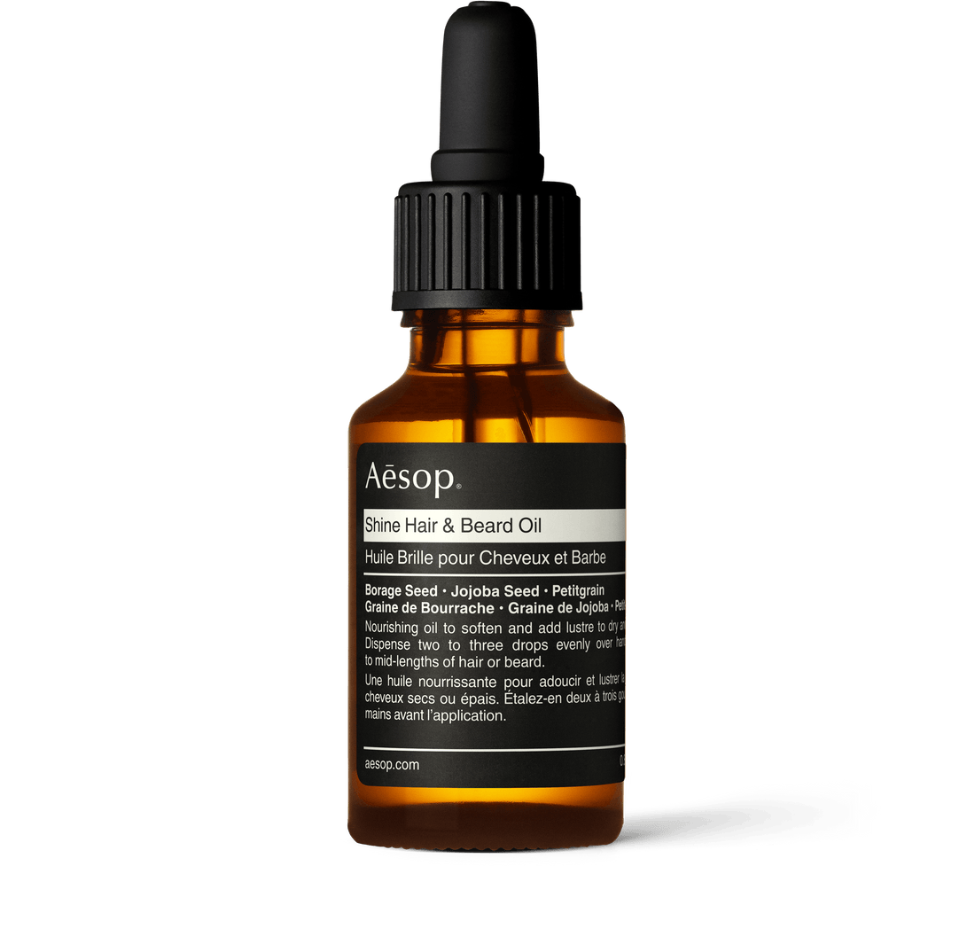 25ml bottle of Aesop Shine hair & beard oil with pipette