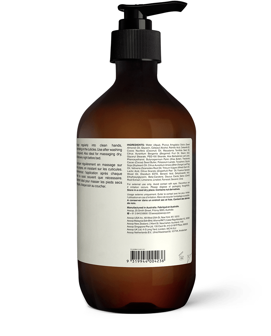 Back of the 500ml bottle of Aesop Reverence Aromatique Hand Balm displaying ingredients and manufacturing information
