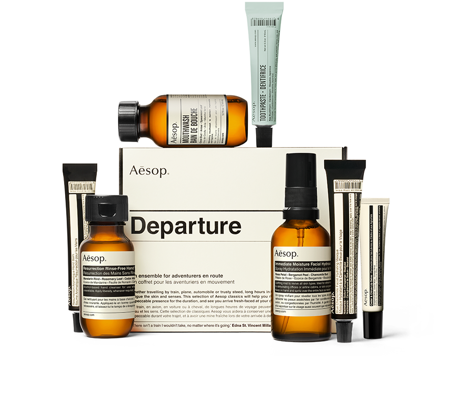 Aesop Departure travel kit with seven travel-sized essentials with the box