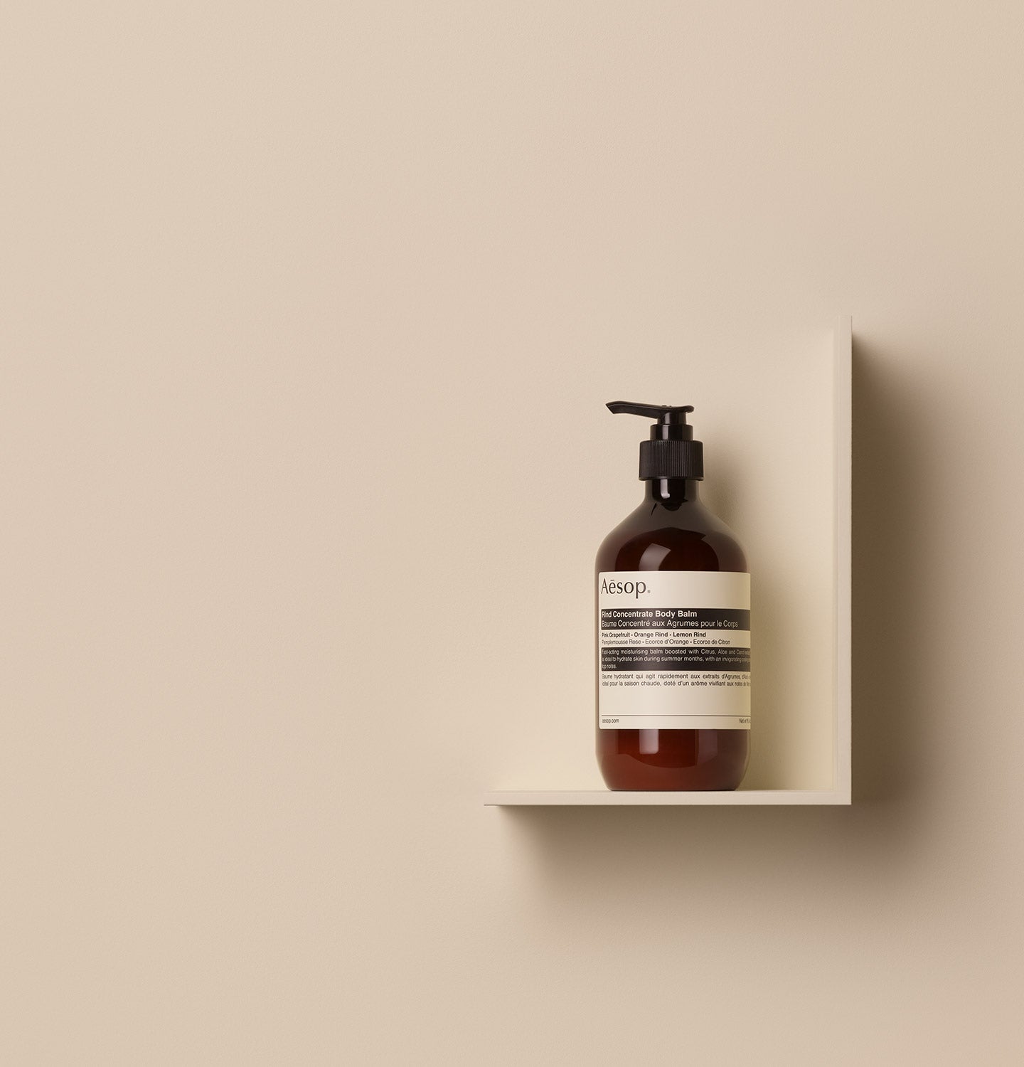 500ml bottle of Aesop Rind Concentrate Body Balm placed on a shelf