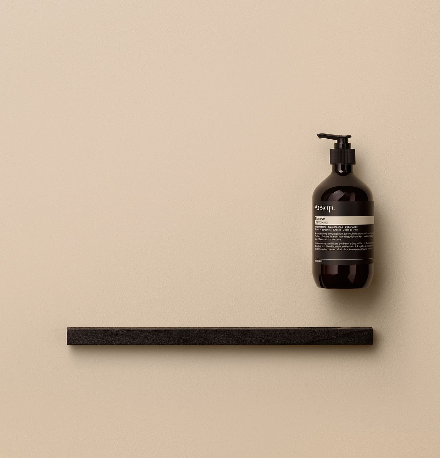 Bottle of Aesop Shampoo placed by a cubical rod