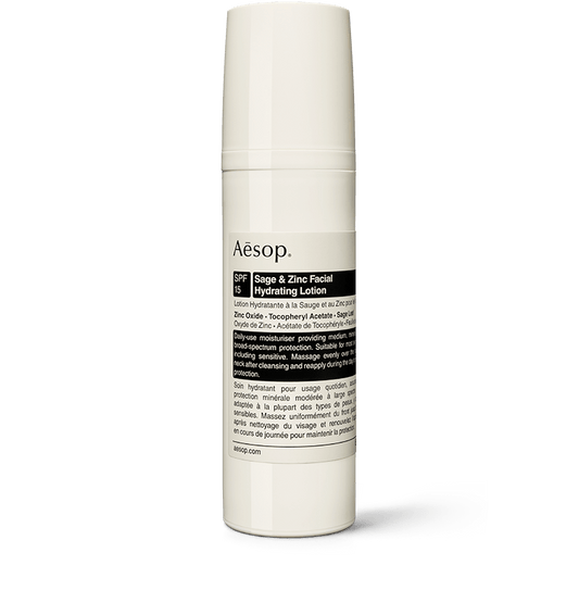 50ml bottle of Aesop Skin Sage and Zinc Facial Hydrating Lotion SPF15