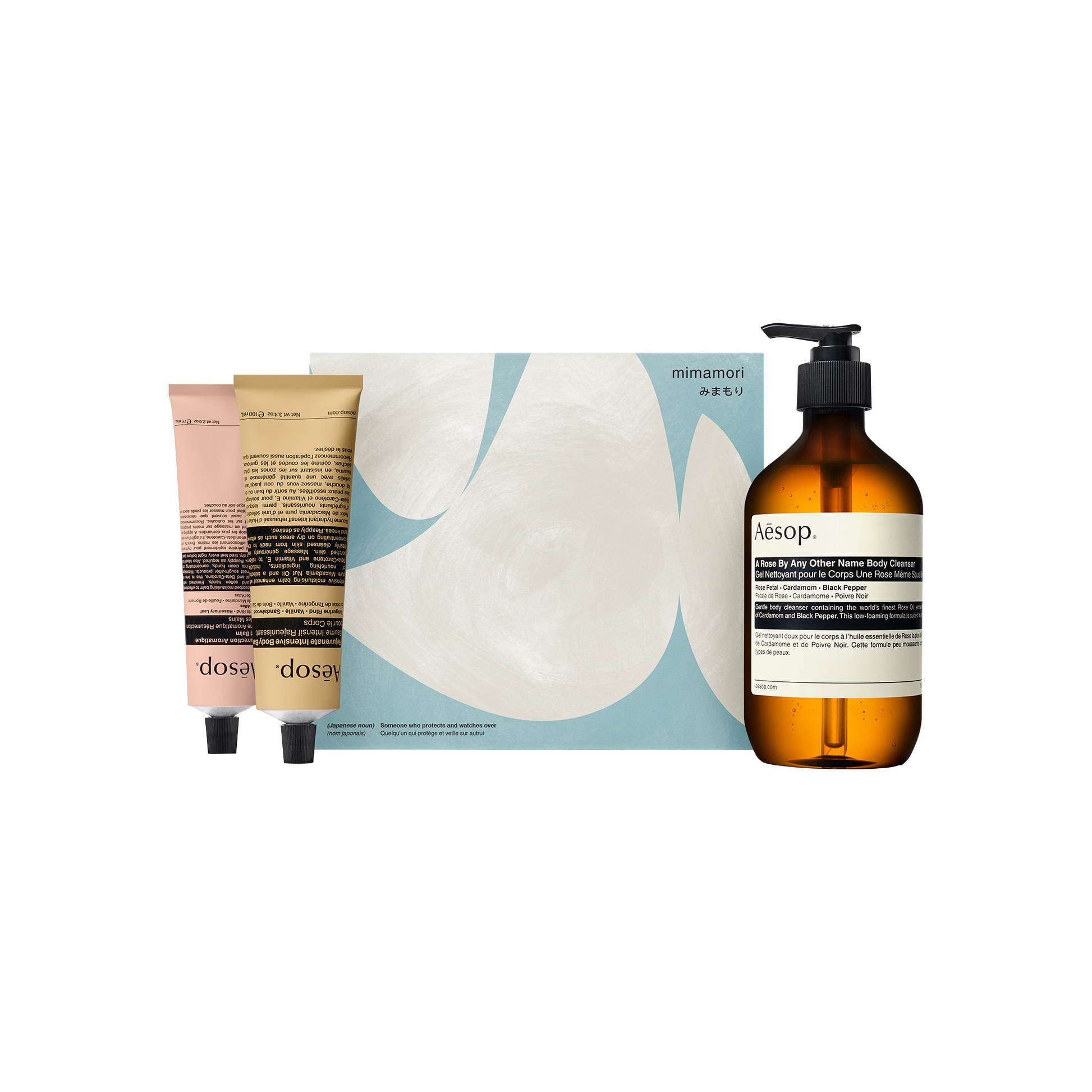Aesop A Rose By Any Other Name Body Cleanser, Rejuvenate Intensive Body Balm & Resurrection Aromatique Hand Balm placed by the Mimamori box
